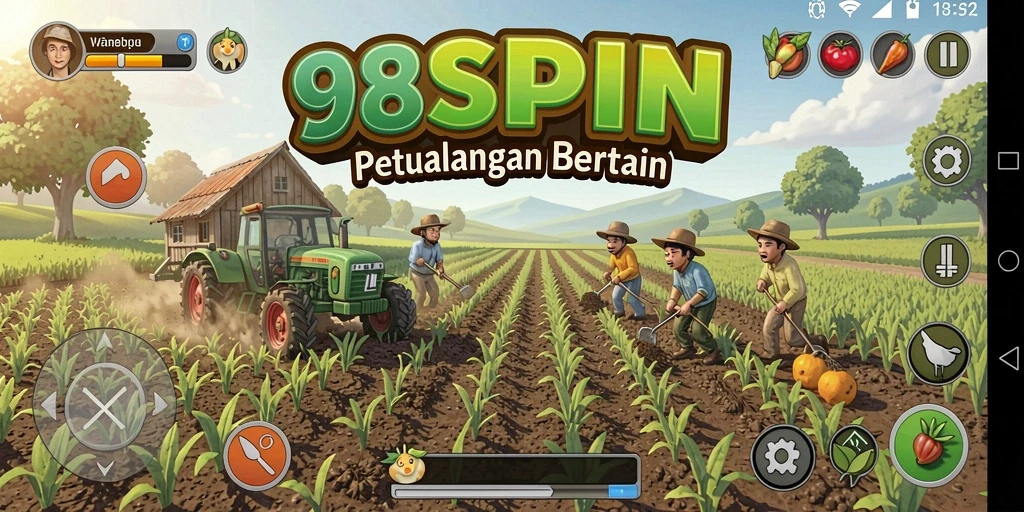 Tampilan gameplay 98SPIN dengan ladang yang subur dan hewan ternak.