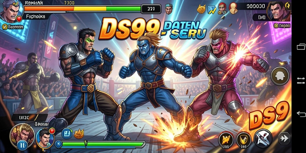Screenshot DS99 menampilkan pertarungan seru antara dua karakter di arena.