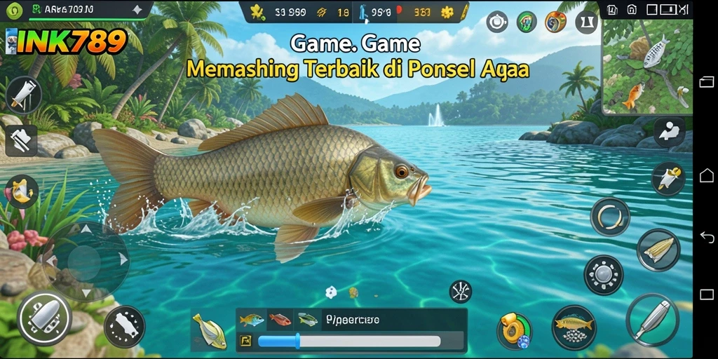 Tampilan gameplay INK789 dengan grafik realistis saat menangkap ikan.